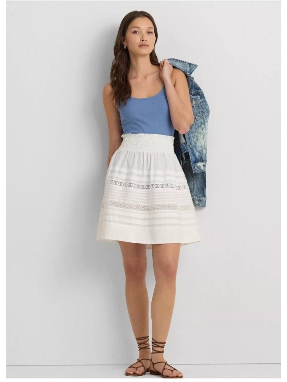 Women Ralph Lauren White Lace Trim Cotton Broadcloth Boho Coquette Mini Skirt XL